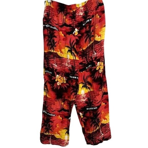 Hawaiian Sunset Print Drawstring Capri Pants  Vibrant Red & Yellow Tropical Desi - Picture 3 of 6